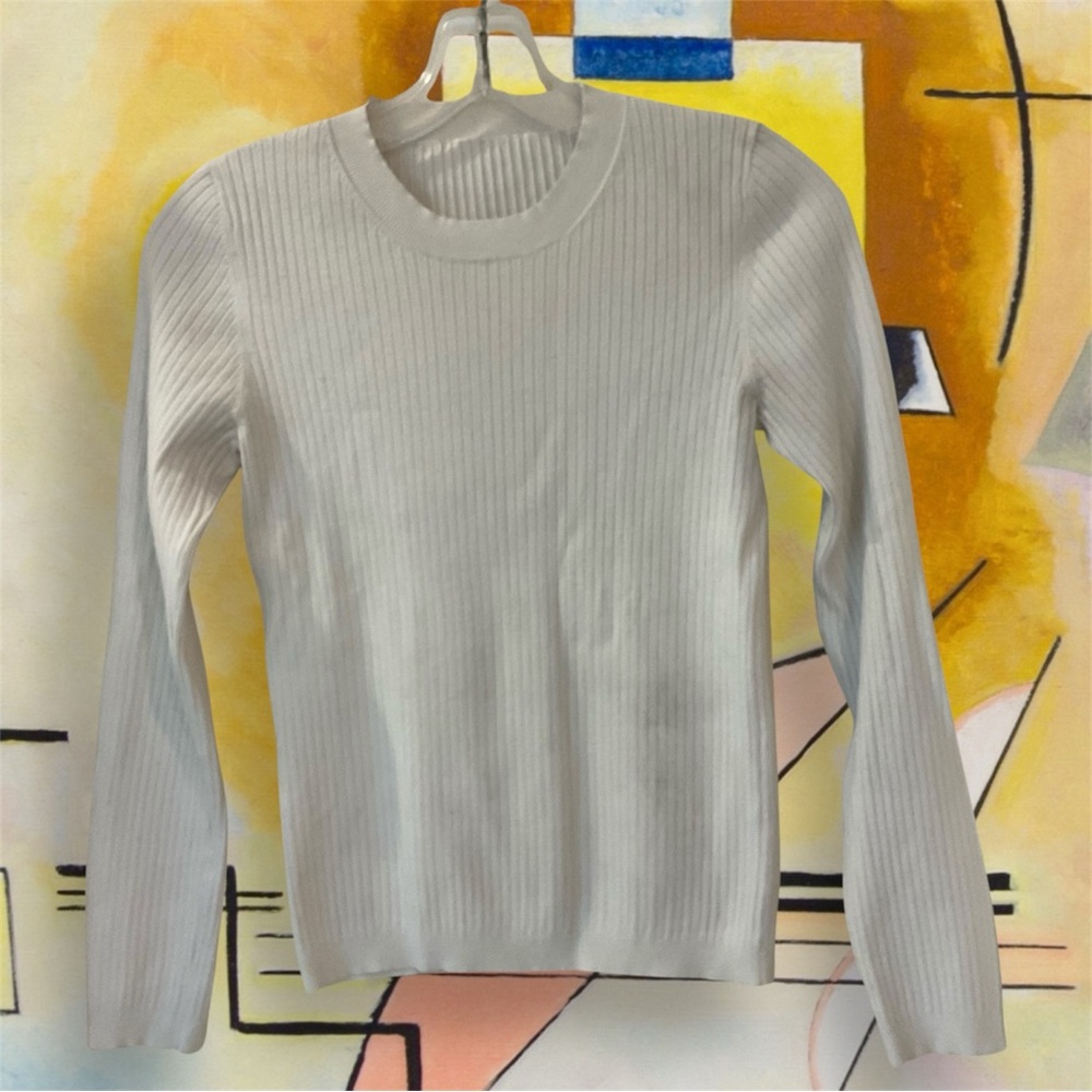 Sweater, Ribbed, Ivory, Pullover, Crew Neck, Long Sleeves, Stretch, Size Small